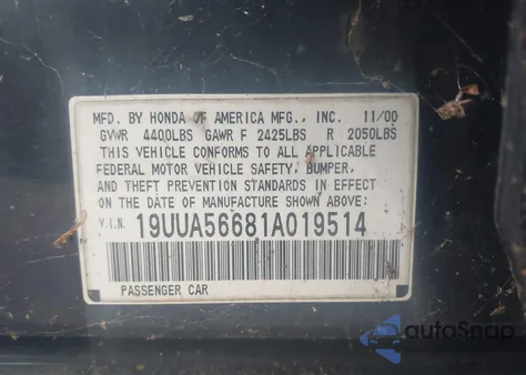 2001 Acura 3.2Tl из США, поврежденный, VIN 19UUA56681A019514